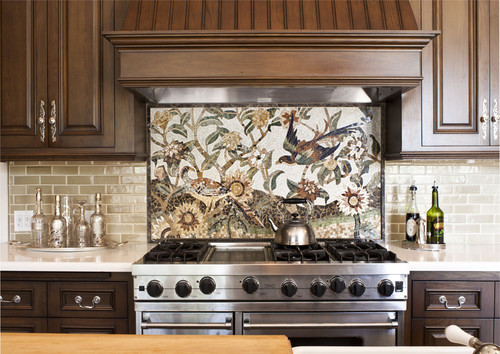 Customized Mosaic with Walnut Color Cabinets
